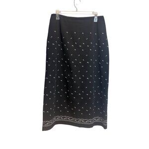 VTG Black Coldwater Creek Embroidered Midi Skirt PL Pet White Vines Classic